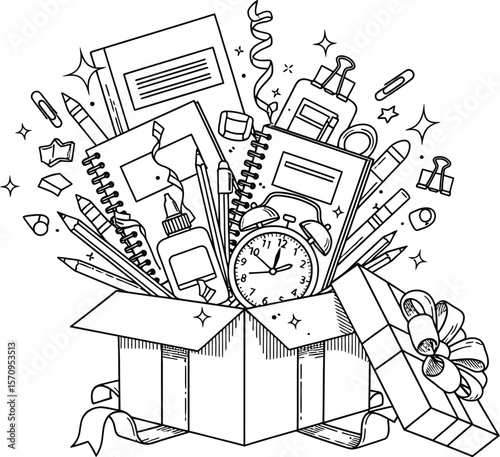 Back to school supplies in a box coloring page for kids and adults free printable vector illustration