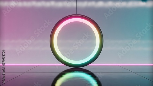 Hanging illuminated ring with vibrant neon colors reflecting on a polished floor