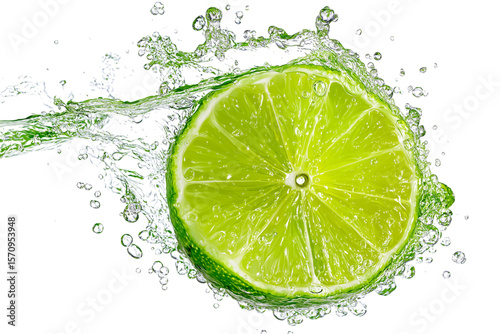  slice of fresh lime submerged in water isolated on white background