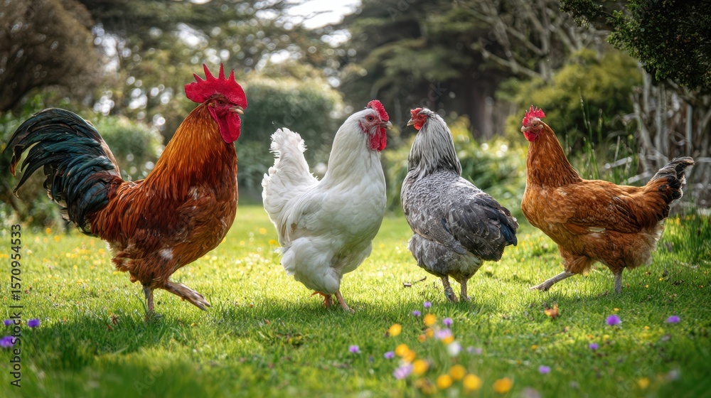 Fototapeta premium The colorful chickens enjoying a sunny day in a vibrant garden setting.