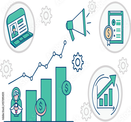 Illustration of business growth with bar graph, laptop, megaphone, and financial documents icon set