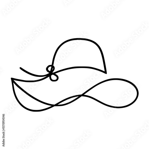 Minimalist black line art a stylish sun hat with a ribbon, isolated
