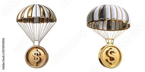 Wallpaper Mural Set of a 3D gold coin with a dollar sign falling on a parachute, isolated on a transparent background. Torontodigital.ca