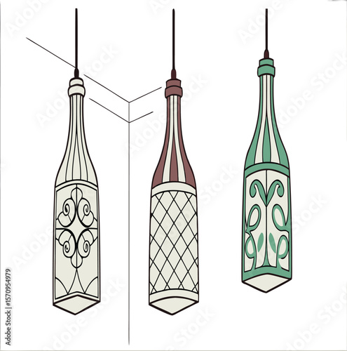 Illustration of three decorative bottle shaped hanging lamps with different patterns and colors shown