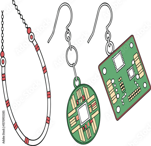 Illustration showing a necklace and two earrings with circuit board designs on a white background