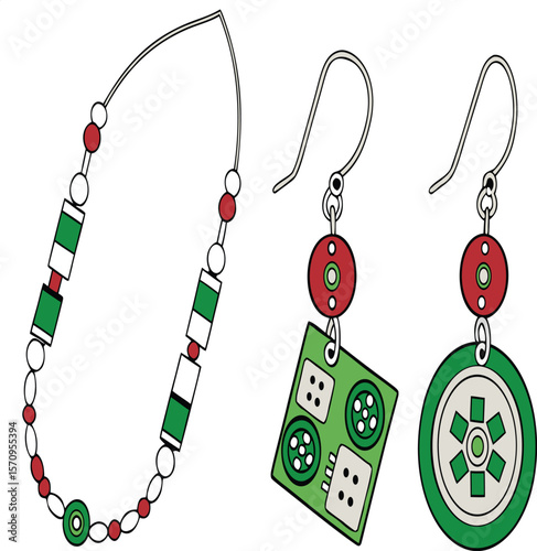 Illustration of a beaded necklace and two earrings with red and green accents on a white background