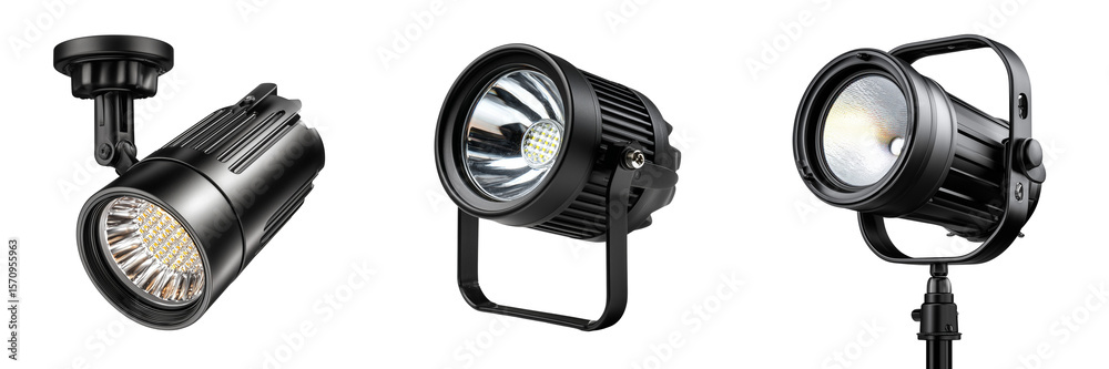 Set of a modern black LED spotlight, isolated on a transparent background. Set of a modern black LED spotlight, isolated on a transparent background.