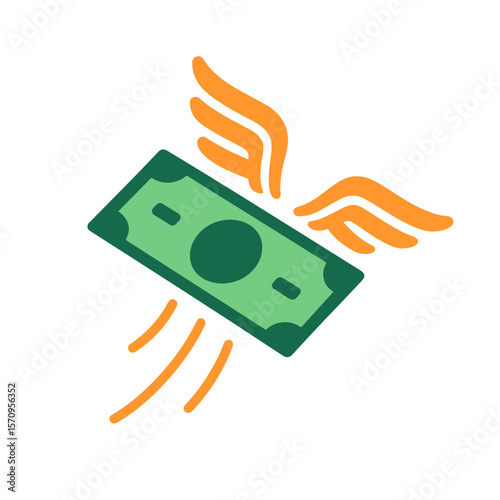 Flying Dollar Bill Flat Icon, Green and Orange, Transparent Background