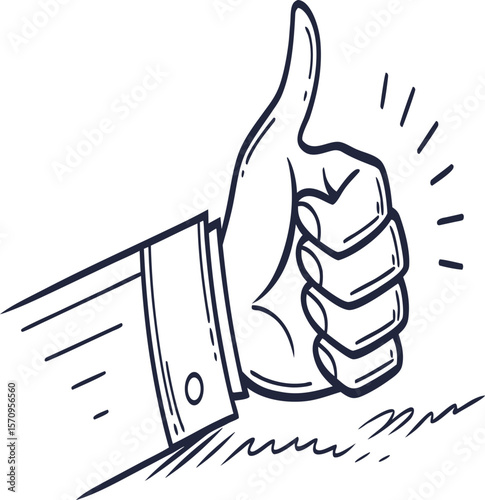 Stylized hand giving a thumbs up with a shirt cuff in black and white line art illustration