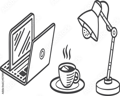 Illustration of a laptop, coffee cup with steam, and an adjustable desk lamp on a white surface