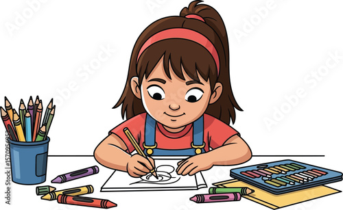 Illustration of a girl drawing with crayons and pencils on paper for kids art and craft activity time