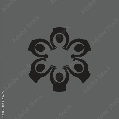 This engaging illustration features a circular arrangement of stylized figures with raised hands, symbolizing unity, celebration, and community.