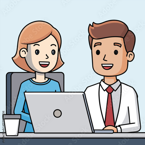 Smiling colleagues or company workers, two happy professional business people team talking at meeting using laptop computer discussing online ai project together working in office at workplace.