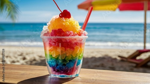 Rainbow Shaved Ice Dessert with Cherry and Straws on Tropical Beach — Summer Vacation and Refreshment Concept