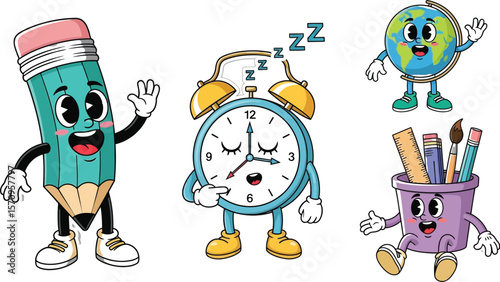 Cute cartoon school supplies characters pencil clock globe pen holder vector illustration design art