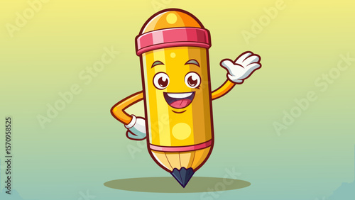 A cheerful yellow pencil with smiling eyes and shiny pink eraser stands proudly, ready to write. Its wooden body gleams under the light, perfect for any school cartoon scene. White background