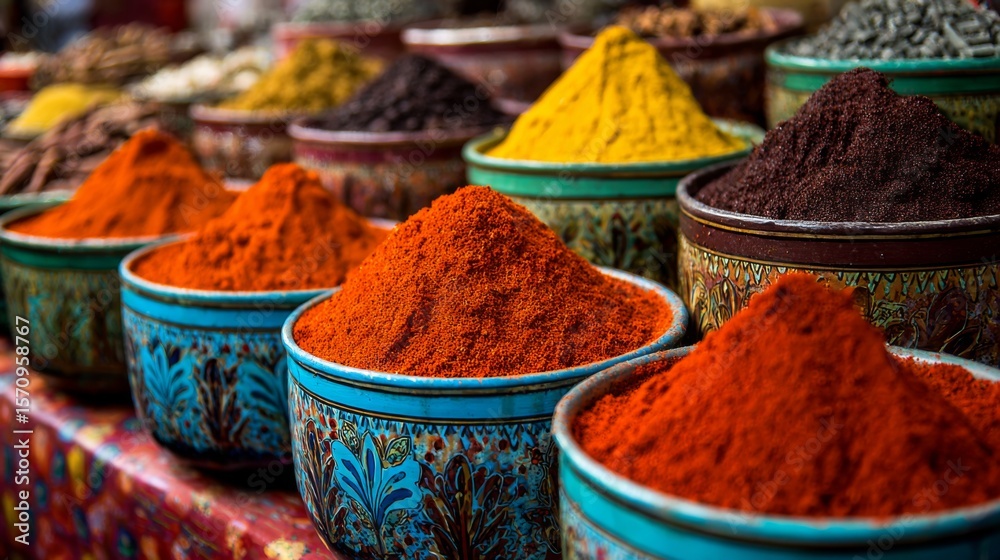Fototapeta premium A vibrant image of a traditional spice market display with chili powder in colorful containers, showcasing its variety and appeal among other spices.