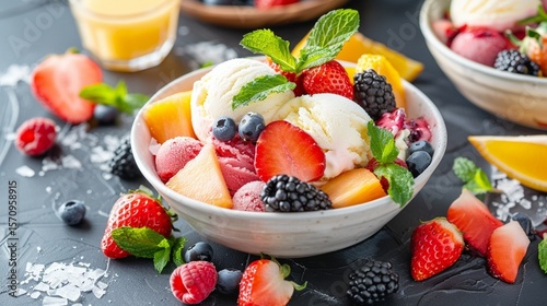 Fresh fruits salad with ice cream in bowls and juice