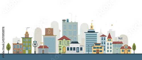 Real Estate Investment: Cityscape with Dollar Signs Symbolizing Property Investment