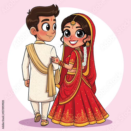 Cute Indian Wedding Couple Cartoon Illustration Bride in Red Lehenga and Groom in Sherwani Vector
