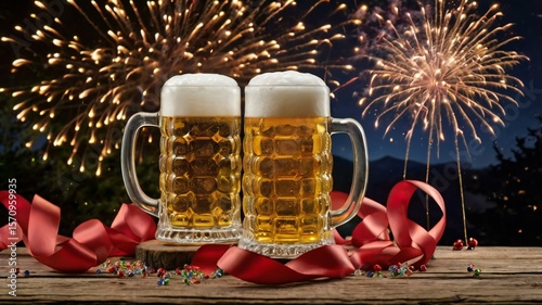Two Frothy Beer Mugs on Rustic Table with Fireworks, Ribbons, and Confetti — Festive Nighttime Celebration Image