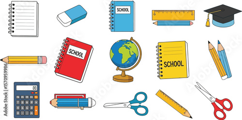 Back to school supplies vector illustration with notebook pencil ruler calculator and graduation cap icon 100