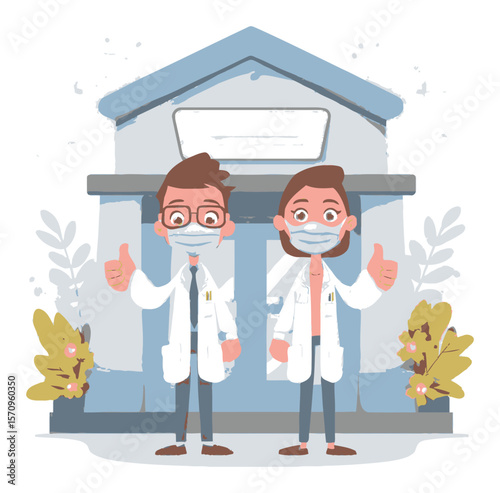 Friendly Cartoon Doctors Standing in Front of Clinic with Thumbs Up Gesture