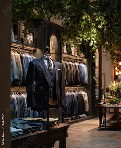 Dark, upscale men's clothing store interior; suit on mannequin, shelves of suits, wood furnishings, greenery overhead, warm lighting
