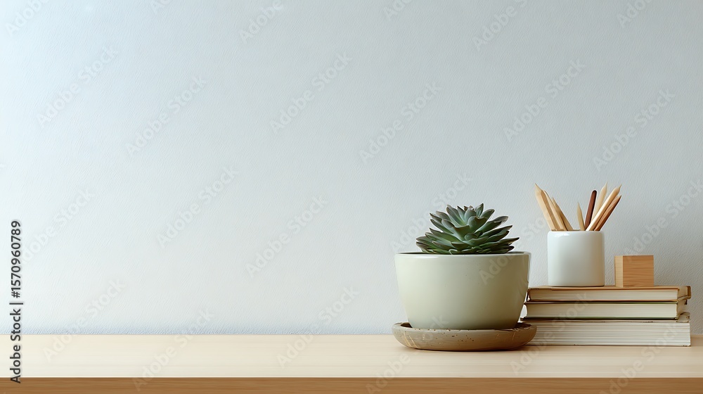 Fototapeta premium Minimalist workspace with succulent, books, and pencils.