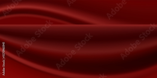 Realistic texture of silk background. Vector 3D texture of silk natural fabric with smooth pleats, red, graceful, dark and expensive scarlet color