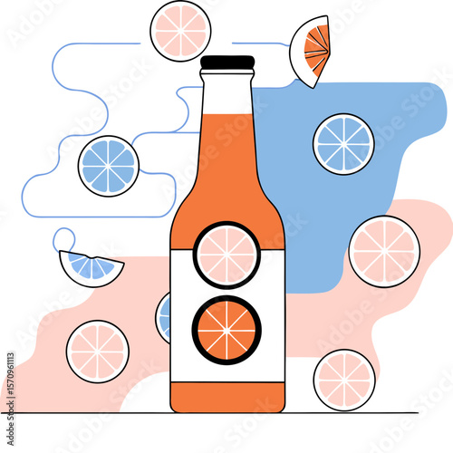 Citrus fruit soda bottle illustration in flat colorful style