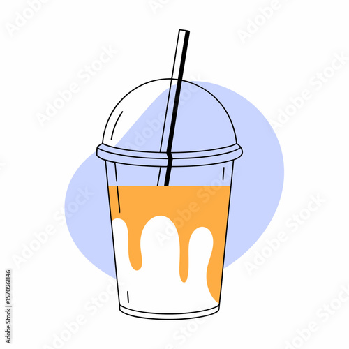 Creamy iced drink in flat vector style with plastic cup and straw