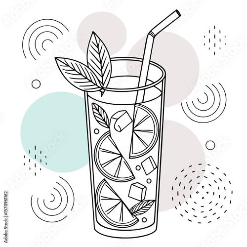 Lemonade glass with mint and ice cubes in line art style
