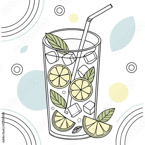 Lemonade with mint and ice cubes in modern line art style