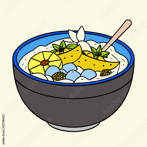 Exotic fruit smoothie bowl in colorful flat vector style