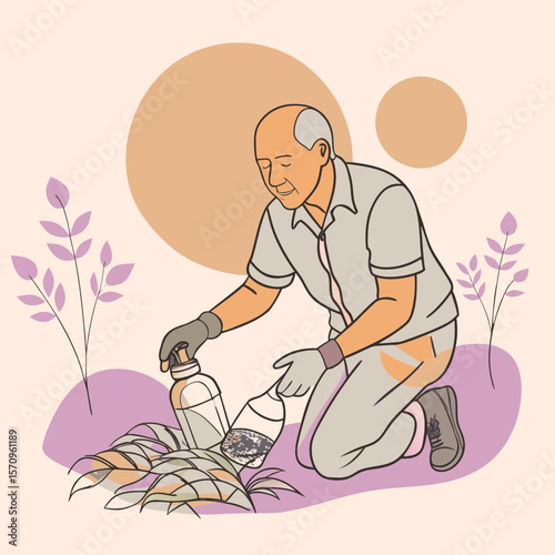 Elderly man collecting plastic waste in nature during sunrise