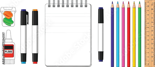 Back to school supplies flat lay stationery notebook pencils markers ruler glue for students and teachers