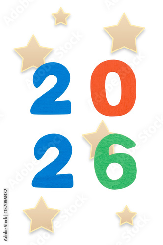 testo data anno 2026 con sagoma di lettere realizzate in legno colorato e stelle isolati su sfondo bianco o trasparente