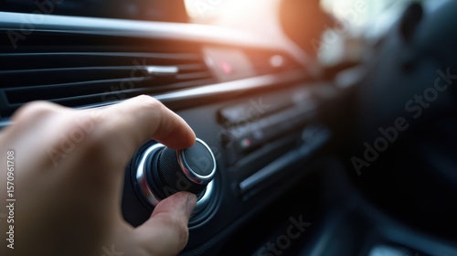 The hand adjusting the volume knob on a modern car dashboard.