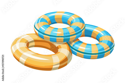 Three colorful inflatable swimming rings with a checkered pattern on a black background