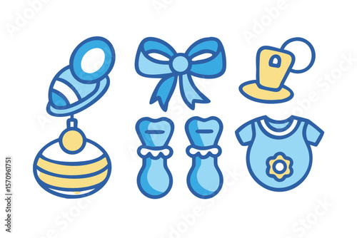 Collection of cute baby items including a rattle bow hat socks and onesie in blue and yellow