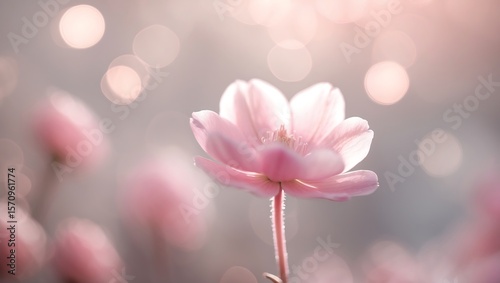 Delicate pink anemone flower with soft bokeh lights and a gentle pastel background