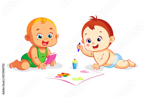 Two happy babies playing and drawing together on the floor with colorful toys and crayons