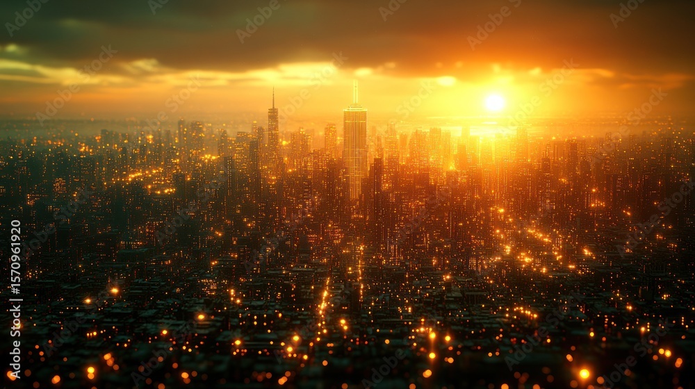 Fototapeta premium Cityscape at fiery sunset