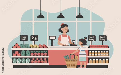 A girl at the counter of a local grocery store with farm fresh produce and local honey on display shelves