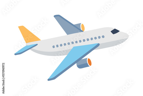 Modern passenger jet airplane flying through the sky with blue wings and orange tail