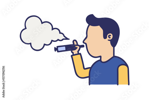 Person vaping with a modern electronic cigarette device exhaling a cloud of vapor