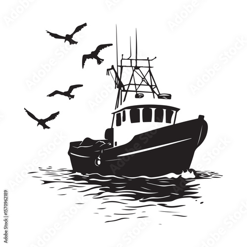 Commercial Fishing Boat Silhouette Illustration Seagulls Flying Maritime Scene 