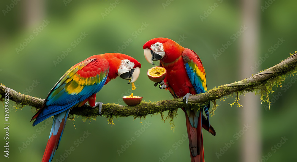 Obraz premium Scarlet macaws on a branch enjoy passion fruit in a vibrant scene, displaying colorful plumage against a lush, natural green backdrop.