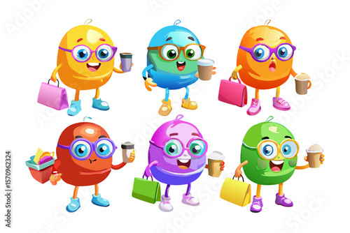 Six colorful cartoon characters with glasses holding coffee cups and shopping bags